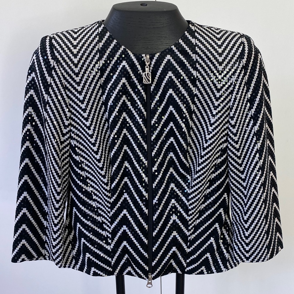 Ladies Joseph Ribkoff Trends Black White Geometric Stripe Zip Up Jacket USA 4/6 - Picture 2 of 8